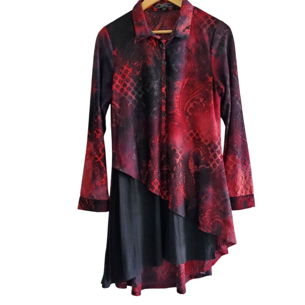 Asymmetric Long Sleeved. Button Down Mix Media Blouse Size Small
